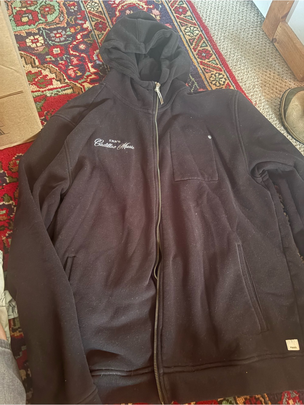 Black Zip-Up Hooded Sweatshirt with Ernest Chest Embroidery